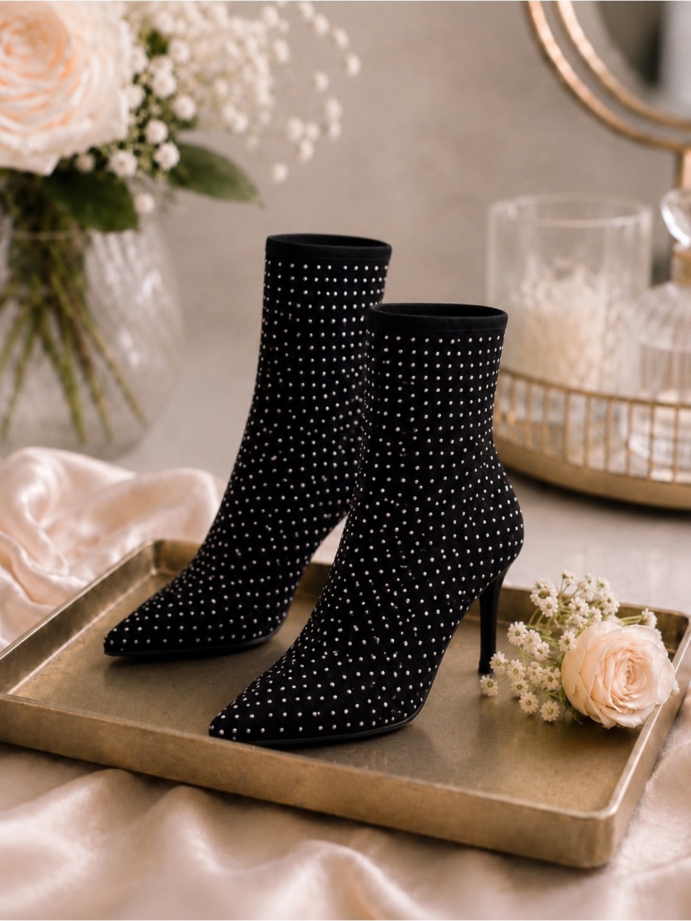 JustFab Black Rhinestone Sock Booties Pointed Toe Stiletto Heel Sparkly Boots